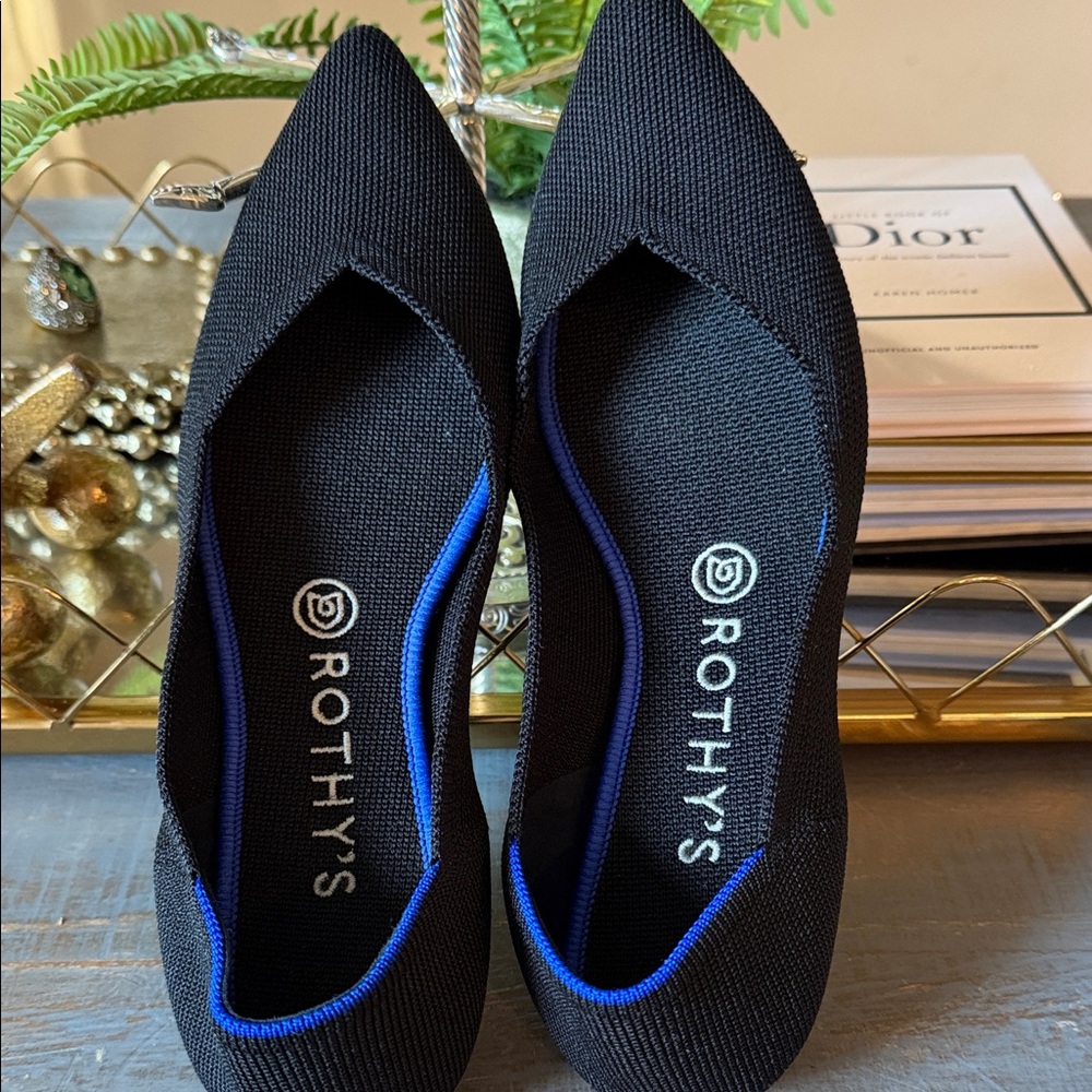 Rothy's Pointed Black Ballerina Flats with Blue Trim NWOT